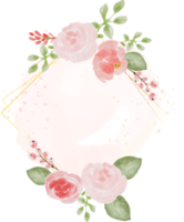 aquarel roze wilde roos met gouden frame krans op roze splash achtergrond png