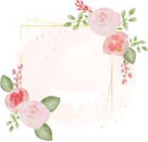 watercolor pink wild rose with golden frame wreath on pink splash background png