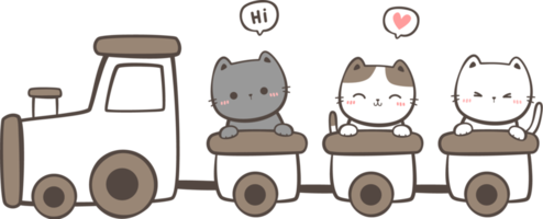Cute Kitty Cat on Train Cartoon Element png