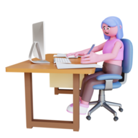 3d render character working on desktop work from home png