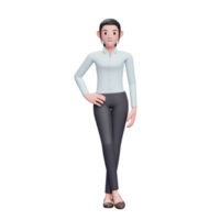 mulher de negócios em pé com a mão na cintura e pernas cruzadas, 3d render ilustração de personagem de mulher de negócios png