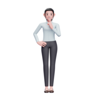 mulher de negócios em pé com a mão na cintura e o dedo no queixo, 3d render ilustração de personagem de mulher de negócios png