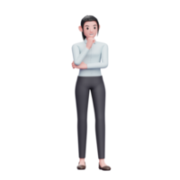 mujer de negocios 3d pensando con el puño en la barbilla, ilustración de personaje de mujer de negocios de render 3d png