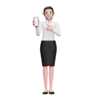 femme d'affaires pointant vers l'écran du téléphone, illustration 3d d'une femme d'affaires tenant un téléphone png