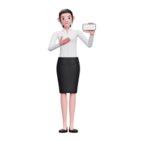 garota esperta apresentando com uma tela de telefone paisagem, ilustração 3d de mulher de negócios segurando o telefone png