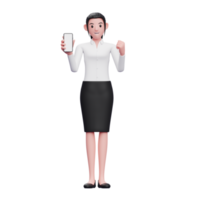 mujer de negocios con falda negra y camisa blanca haciendo un gesto ganador mostrando la pantalla del teléfono, ilustración 3d de una mujer de negocios sosteniendo el teléfono