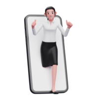 smart girl appears from inside the phone screen while giving a thumbs up, 3d illustration of business woman holding phone png