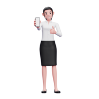 femme intelligente lève le pouce et montre l'écran du smartphone, illustration 3d d'une femme d'affaires tenant un téléphone png