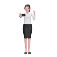 beautiful woman wearing work clothes celebrating while looking at the phone screen, 3d illustration of business woman holding phone png