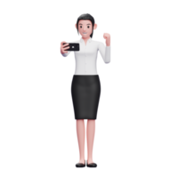 belle femme portant des vêtements de travail célébrant tout en regardant l'écran du téléphone, illustration 3d d'une femme d'affaires tenant un téléphone png