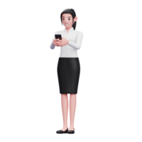 linda mulher digitando mensagem no celular, ilustração 3d de mulher de negócios segurando o telefone png