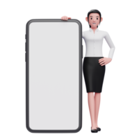 mulher inteligente em pé inclinada na grande decoração do telefone móvel, ilustração 3d de mulher de negócios segurando o telefone png
