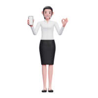 mujer de negocios con falda negra y camiseta blanca sosteniendo el teléfono y mostrando el dedo correcto, ilustración 3d de una mujer de negocios sosteniendo el teléfono png
