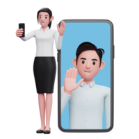 trabajadores femeninos y masculinos hablando por teléfonos celulares a través de videollamadas, ilustración 3d de una mujer de negocios sosteniendo un teléfono png