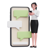 smart girl is typing on the phone beside a big phone with bubble chat ornament, 3d illustration of business woman holding phone png