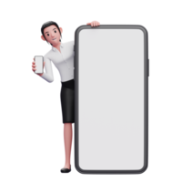 businesswoman appears from behind a big phone and holding a phone showing the screen, 3d illustration of business woman holding phone png