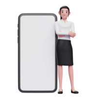 mulher vestindo saia preta encostada no telefone e mão cruzada, ilustração 3d de mulher de negócios segurando o telefone png