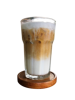 A glass of cold brew cappucino with milk fresh coffee which is served on the wooden table. png