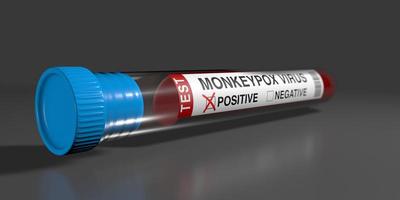 Test tube with blood sample positive for monkeypox on shiny gray surface against gray background. 3D Illustration photo