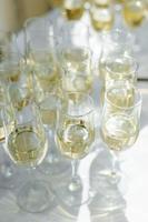 A lot of wine glasses with a cool delicious champagne or white wine at the bar. Alcohol background. photo