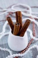 Cinnamon sticks in a white glass, beads on a blue background photo