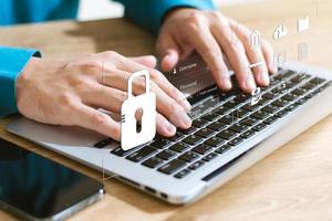 cybersecurity concept Global network security technology, business people protect personal information. Encryption with a padlock icon on the virtual interface. photo