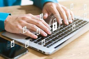 cybersecurity concept Global network security technology, business people protect personal information. Encryption with a padlock icon on the virtual interface. photo