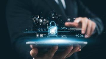 cybersecurity concept Global network security technology, business people protect personal information. Encryption with a padlock icon on the virtual interface. photo