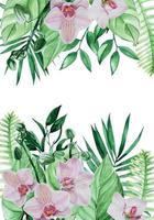 watercolor frame, tropical leaves and flowers border. pink orchid flowers, palm leaves on a white background. design for beach vacation, travel, vacation. space for text vector