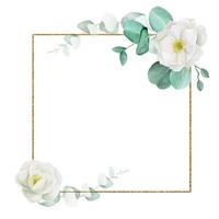 golden square frame with watercolor white peony flowers, rose hips and eucalyptus leaves. isolated on white background. design for wedding, invitations, congratulations, cards. cosmetics and perfumer vector