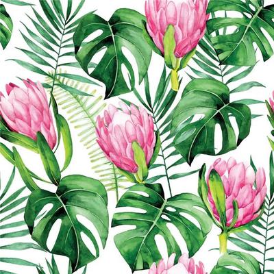 watercolor seamless pattern with tropical leaves and flowers on a white background. tropical plants, fern leaves, palms, green monstera and pink protea flowers.