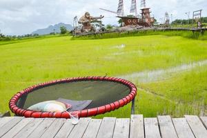 Photo corner for relaxing in a hammock in a resort in the middle of rice fields, a tourist attraction, Thai photography corner