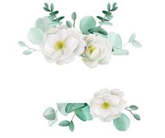 watercolor drawing. frame of eucalyptus leaves and white flowers of wild rose, peony. Design for weddings, cards, invitations, greetings. isolated on white background with place for text vector