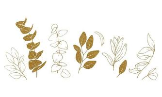 stock illustration contours of eucalyptus and olive leaves in gold glitter. set of golden leaves graphic design element. minimalistic graphic drawing isolated on white background vector