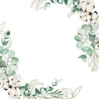 stock illustration, rectangular frame from eucalyptus leaves and cotton flowers, with glitter elements. watercolor leaves and flowers, frame with meta for text. design for weddings, invitations