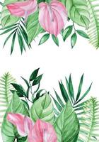 watercolor drawing, frame, tropical leaves and flowers border. pink kala flowers, palm leaves on a white background. place for text. exotic design for vacation, vacation, summer vacation. vector