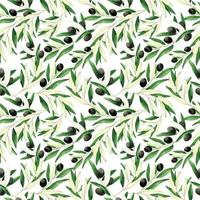 seamless watercolor pattern with olive leaves and fruits, realistic vintage drawing. black olives isolated en white background. print for fabric, wallpaper, paper.