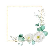 vintage gold square frame with watercolor flowers and eucalyptus leaves. place for text, vignette for weddings, cards, invitations. golden elements and white flowers of wild rose, peony on isolated vector