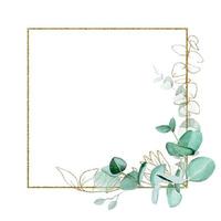 vintage gold square frame with eucalyptus leaves. rectangular shiny frame with watercolor eucalyptus leaves isolated on white background. design for wedding, invitation, postcard, perfume, cosmetics vector