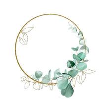 golden round frame with watercolor eucalyptus leaves and golden elements isolated on white background. clipart for weddings, invitations, cards. vintage style place for text, monogram vector