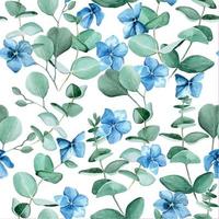 Seamless watercolor pattern of blue hydrangea flowers and eucalyptus leaves on a white background. Vintage background for wallpaper, fabric, textile. vector