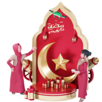 modèle de bannière ramadan kareem avec personnage de couple musulman 3d faisant la célébration png