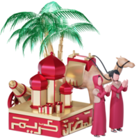 Ramadan kareem banner template with 3d muslim couple character praying together png