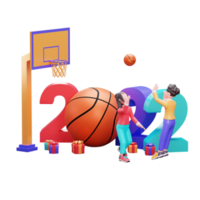 plantilla de banner de feliz año nuevo 2022 con concepto de diseño de baloncesto creativo de ilustración 3d png