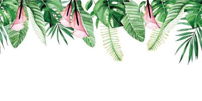 watercolor seamless border, frame with green tropical leaves and pink flowers. kala flowers, palm leaves, monstera, banana leaves isolated on white background. pattern, print, web banner vector