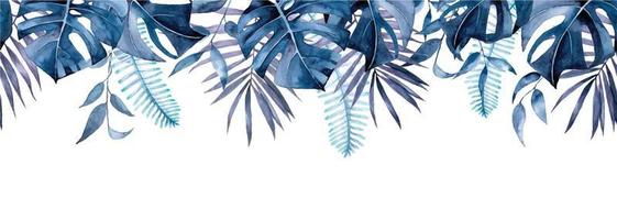 borde transparente de acuarela, marco, pancarta con hojas tropicales de monstera, palma, helecho en color azul. impresión azul, patrón con hojas de selva aisladas sobre fondo blanco vector