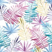 patrón transparente con coloridas hojas tropicales. hojas coloreadas de una palmera de colores rosa, azul y amarillo aisladas en un fondo blanco. estampado de verano para tela, textil, papel pintado. vector