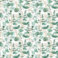 Seamless watercolor pattern with eucalyptus leaves and golden shining elements on a white background. Background for wedding, invitation, wallpaper, textile, wrapping paper. vector