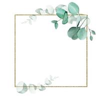 marco cuadrado dorado con hojas de eucalipto acuarela aisladas sobre fondo blanco. diseño para bodas, invitaciones, tarjetas. logo vintage para perfumería, cosmética vector