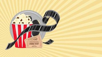 Cinema background with rays. Popcorn, film, tickets. vector